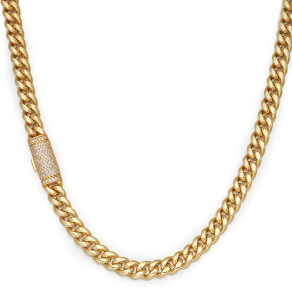 8mm Plain Gold Cuban Link Chain with Moissanite Box Clasp - Picture 1 of 3